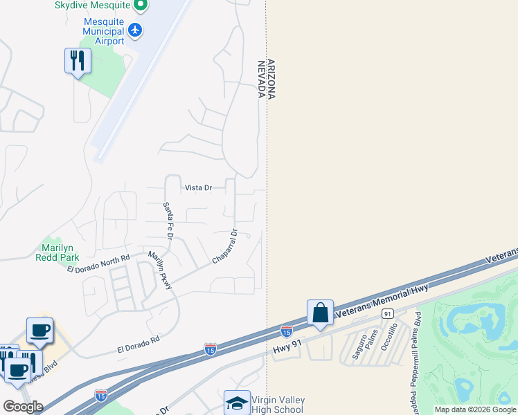 map of restaurants, bars, coffee shops, grocery stores, and more near 1040 Liahona Court in Mesquite