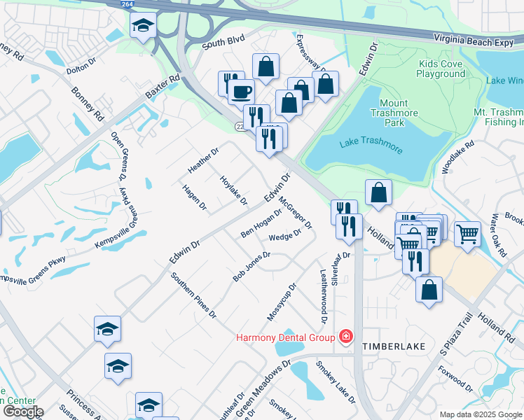 map of restaurants, bars, coffee shops, grocery stores, and more near 512 Edwin Drive in Virginia Beach