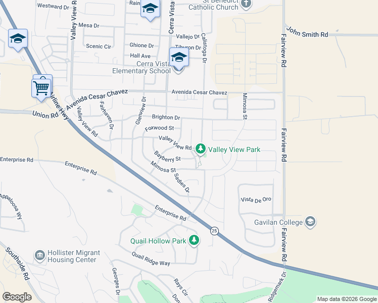 map of restaurants, bars, coffee shops, grocery stores, and more near 2830 Valley View Road in Hollister
