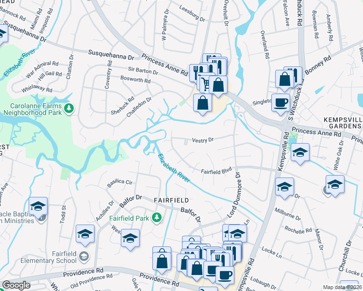 map of restaurants, bars, coffee shops, grocery stores, and more near 513 Gaskin Circle in Virginia Beach