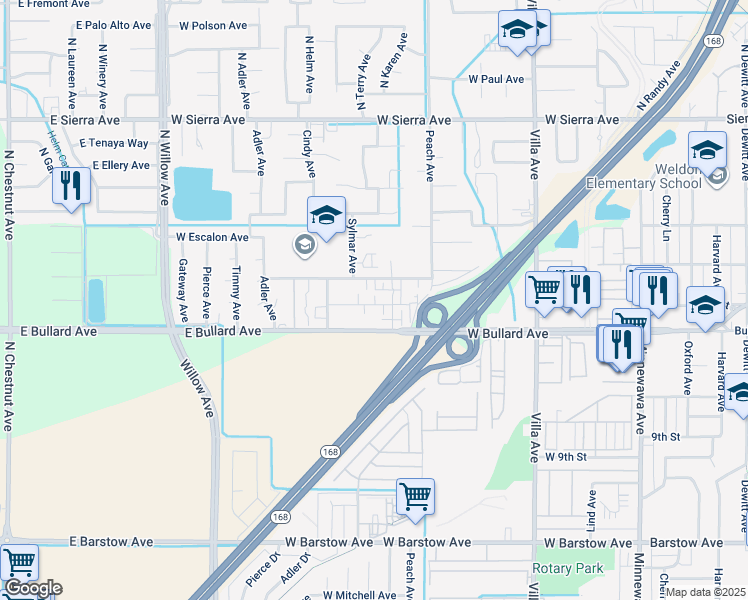 map of restaurants, bars, coffee shops, grocery stores, and more near 526 West Mesa Avenue in Clovis