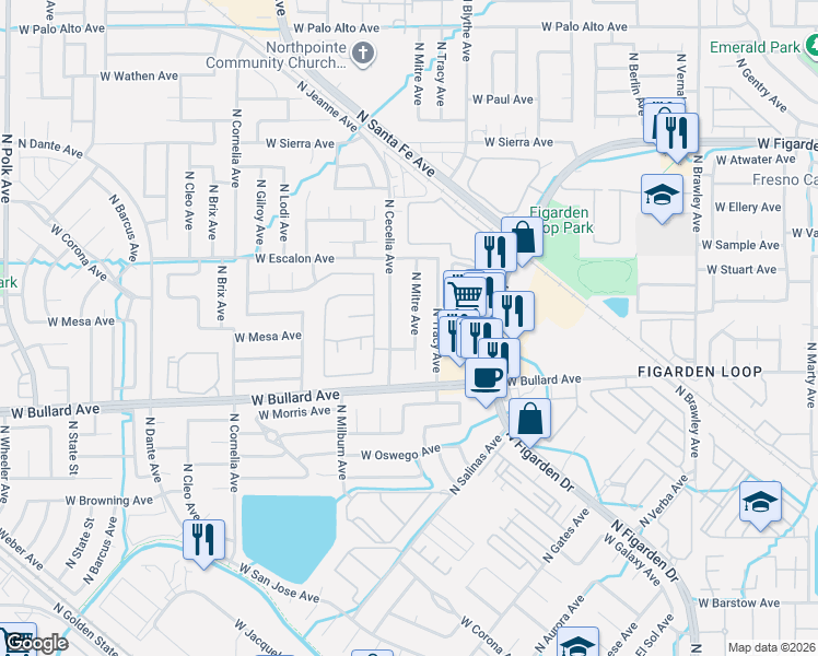 map of restaurants, bars, coffee shops, grocery stores, and more near 6071 North Mitre Avenue in Fresno