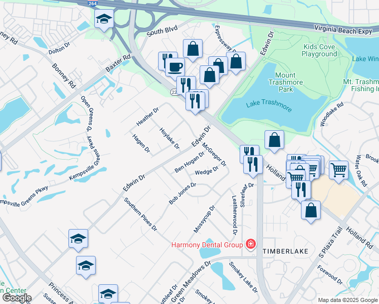 map of restaurants, bars, coffee shops, grocery stores, and more near 512 Edwin Drive in Virginia Beach