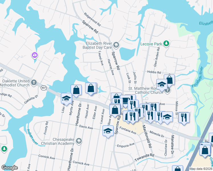 map of restaurants, bars, coffee shops, grocery stores, and more near 604 Laurel Avenue in Chesapeake
