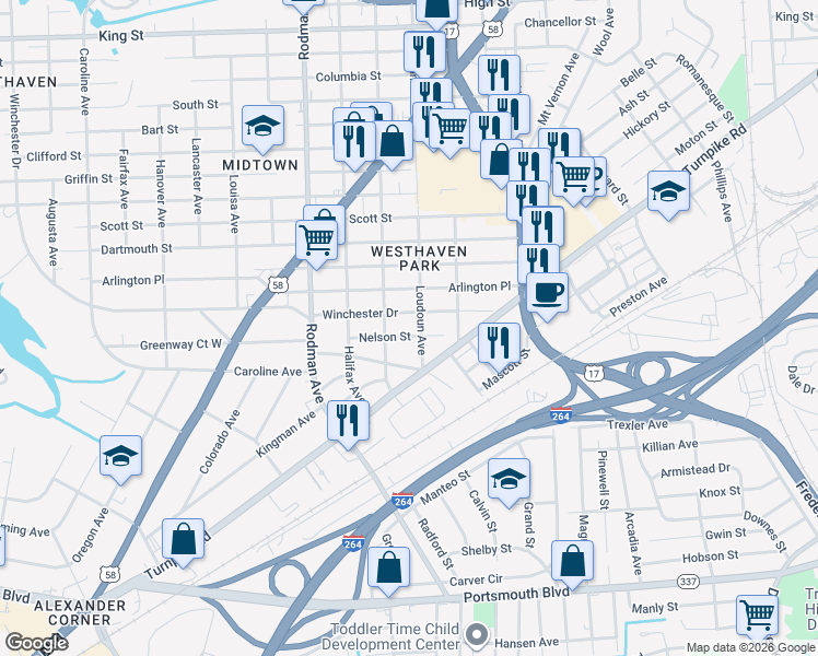 map of restaurants, bars, coffee shops, grocery stores, and more near 3411 Nelson Street in Portsmouth