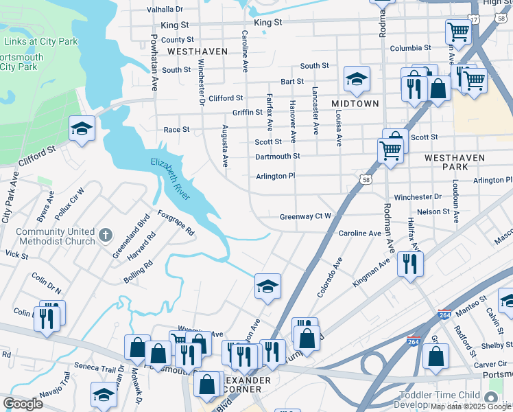map of restaurants, bars, coffee shops, grocery stores, and more near 4201 Caroline Avenue in Portsmouth