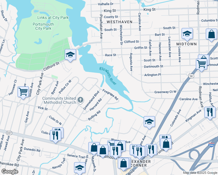 map of restaurants, bars, coffee shops, grocery stores, and more near 64 Foxgrape Rd in Portsmouth