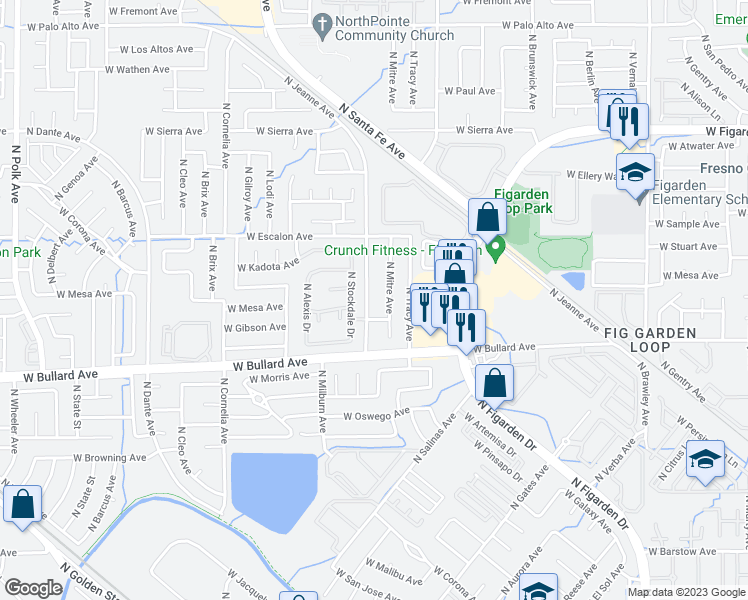 map of restaurants, bars, coffee shops, grocery stores, and more near 6090 North Cecelia Avenue in Fresno