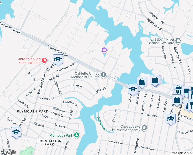 map of restaurants, bars, coffee shops, grocery stores, and more near 3320 Saint Lawrence Drive in Chesapeake