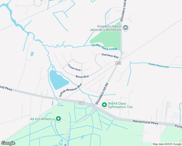 map of restaurants, bars, coffee shops, grocery stores, and more near 304 Baron Boulevard in Suffolk