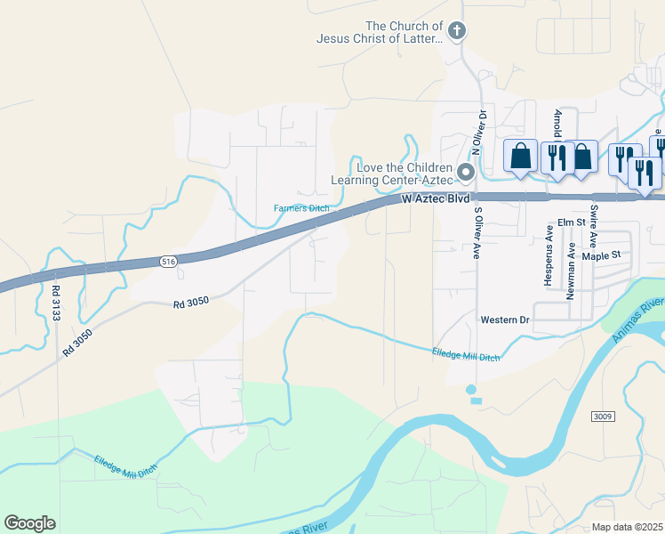 map of restaurants, bars, coffee shops, grocery stores, and more near 98 Road 3053 in Aztec