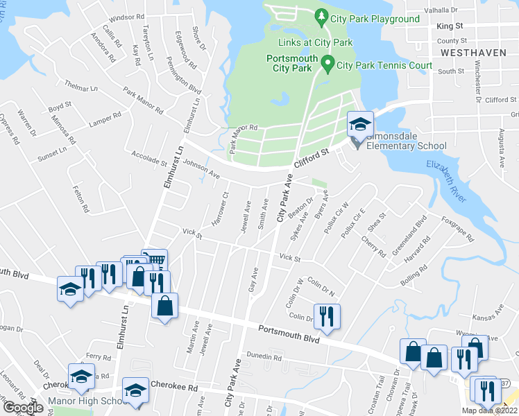 map of restaurants, bars, coffee shops, grocery stores, and more near 117 Smith Avenue in Portsmouth
