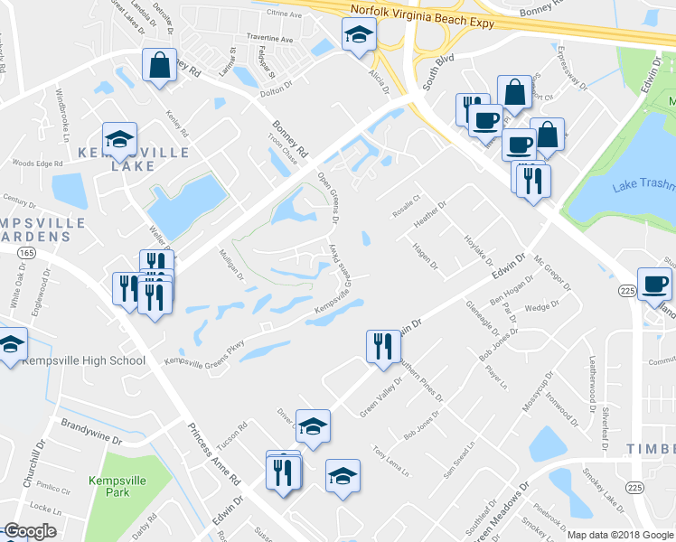 map of restaurants, bars, coffee shops, grocery stores, and more near 524 Furman Court in Virginia Beach