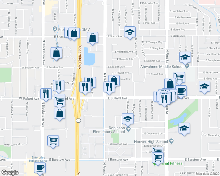 map of restaurants, bars, coffee shops, grocery stores, and more near 441 East Calimyrna Avenue in Fresno