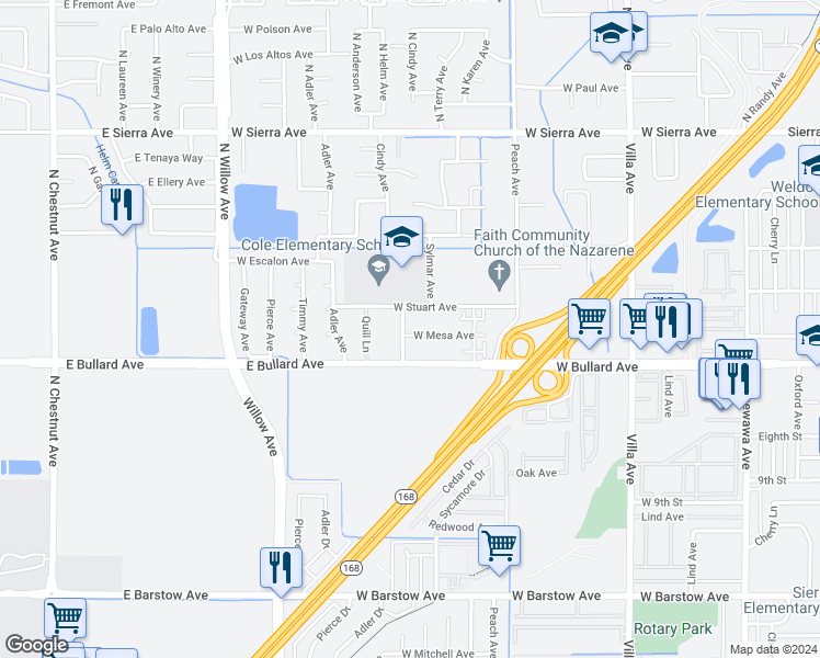 map of restaurants, bars, coffee shops, grocery stores, and more near 583 West Mesa Avenue in Clovis