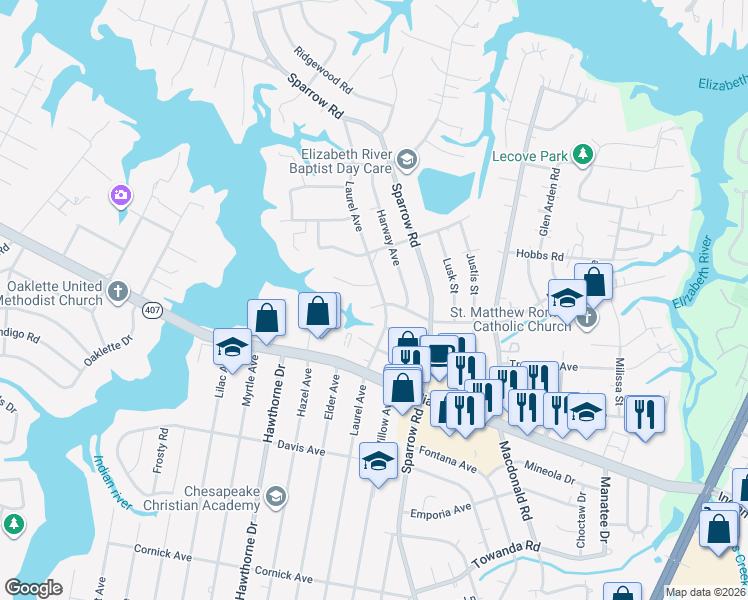 map of restaurants, bars, coffee shops, grocery stores, and more near 604 Laurel Avenue in Chesapeake