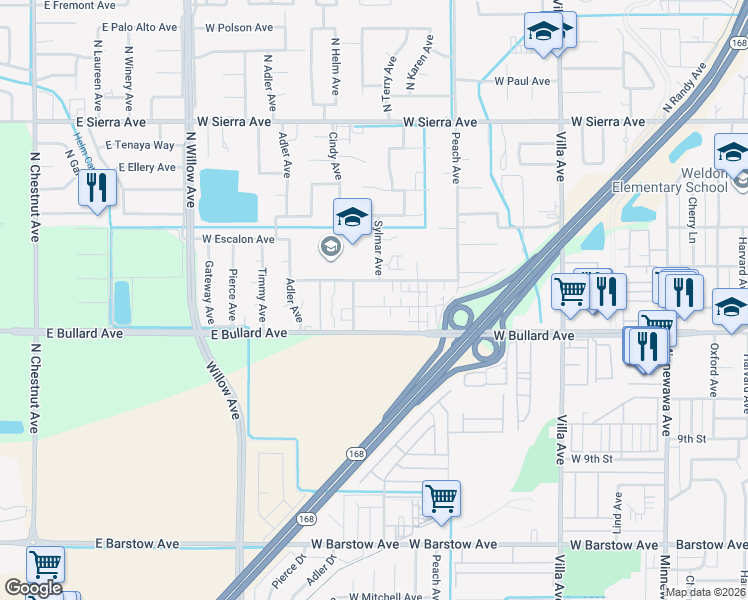 map of restaurants, bars, coffee shops, grocery stores, and more near 526 West Mesa Avenue in Clovis