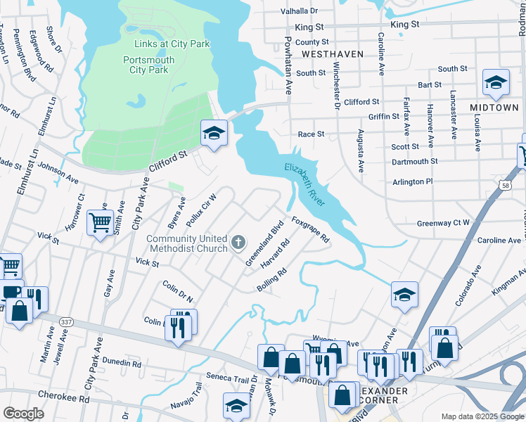 map of restaurants, bars, coffee shops, grocery stores, and more near 10 Rivercrest Court in Portsmouth