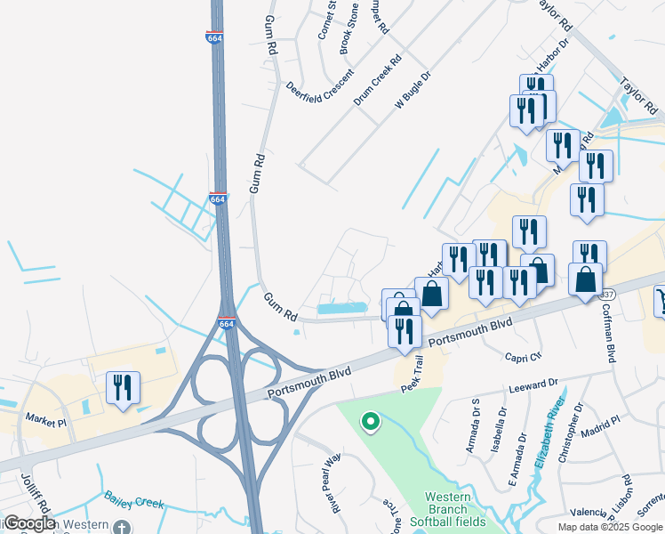 map of restaurants, bars, coffee shops, grocery stores, and more near 2424 Chancery Lane in Chesapeake