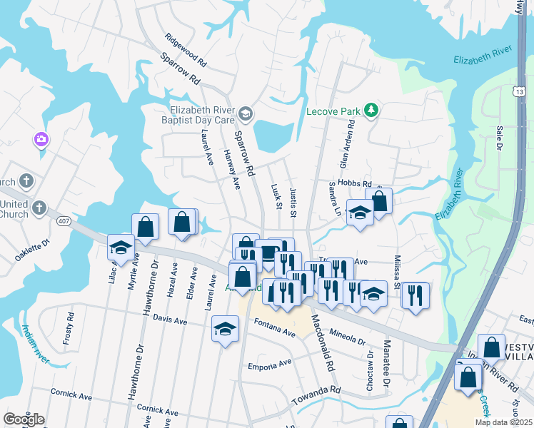 map of restaurants, bars, coffee shops, grocery stores, and more near 723 Sparrow Road in Chesapeake