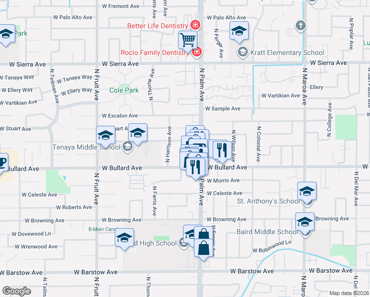 map of restaurants, bars, coffee shops, grocery stores, and more near 6041 North Palm Avenue in Fresno