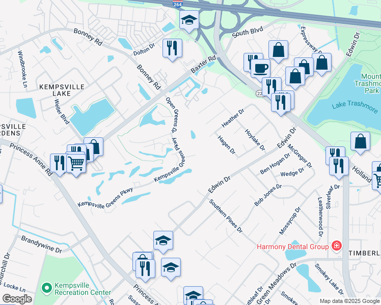 map of restaurants, bars, coffee shops, grocery stores, and more near 507 Kempsville Greens Court in Virginia Beach