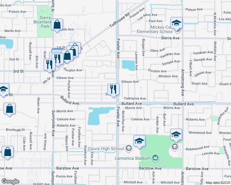 map of restaurants, bars, coffee shops, grocery stores, and more near 1799 Bullard Avenue in Clovis