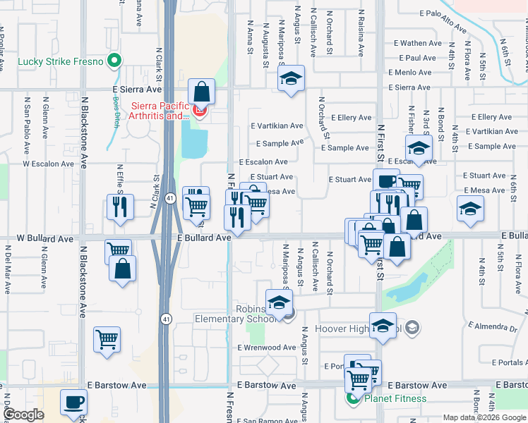 map of restaurants, bars, coffee shops, grocery stores, and more near 6065 North Augusta Street in Fresno