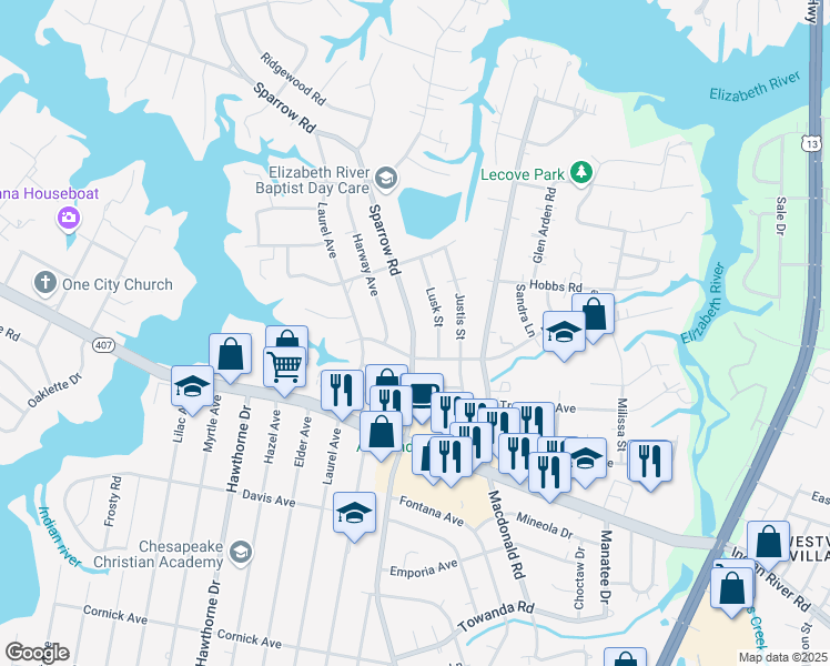 map of restaurants, bars, coffee shops, grocery stores, and more near 723 Sparrow Road in Chesapeake