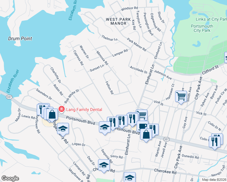 map of restaurants, bars, coffee shops, grocery stores, and more near 309 Felton Road in Portsmouth