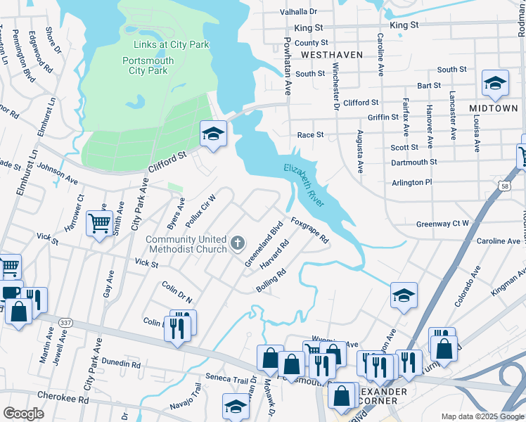 map of restaurants, bars, coffee shops, grocery stores, and more near 10 Rivercrest Court in Portsmouth