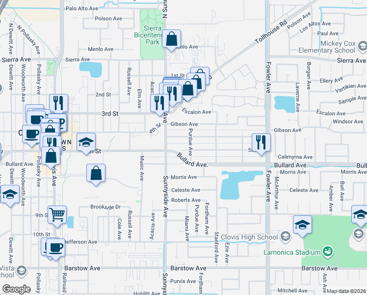 map of restaurants, bars, coffee shops, grocery stores, and more near 1481 Bullard Avenue in Clovis
