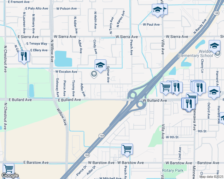 map of restaurants, bars, coffee shops, grocery stores, and more near 526 West Mesa Avenue in Clovis