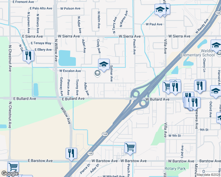 map of restaurants, bars, coffee shops, grocery stores, and more near 526 West Mesa Avenue in Clovis