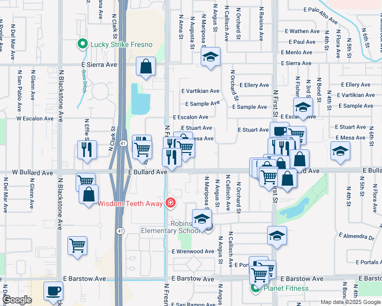 map of restaurants, bars, coffee shops, grocery stores, and more near 6027 North Augusta Street in Fresno