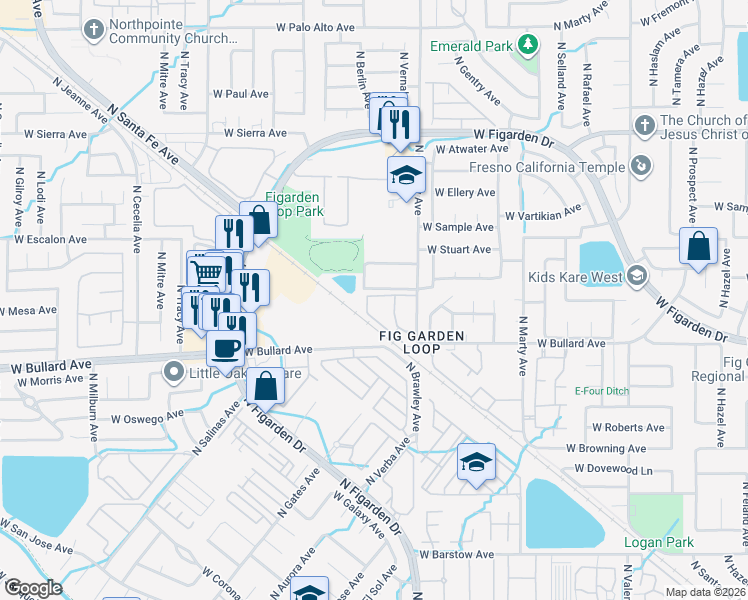 map of restaurants, bars, coffee shops, grocery stores, and more near 6001-6199 N Jeanne Ave in Fresno