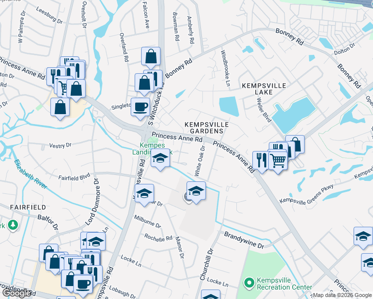 map of restaurants, bars, coffee shops, grocery stores, and more near 5034 Ashforth Court in Virginia Beach