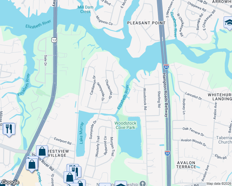 map of restaurants, bars, coffee shops, grocery stores, and more near 668 Copper Kettle Drive in Virginia Beach