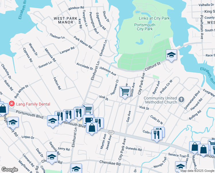 map of restaurants, bars, coffee shops, grocery stores, and more near 107 Maurice Avenue in Portsmouth