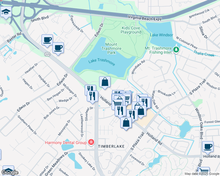 map of restaurants, bars, coffee shops, grocery stores, and more near Studio Drive in Virginia Beach