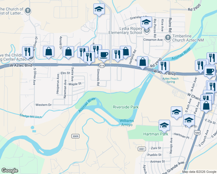 map of restaurants, bars, coffee shops, grocery stores, and more near 309 South Light Plant Road in Aztec