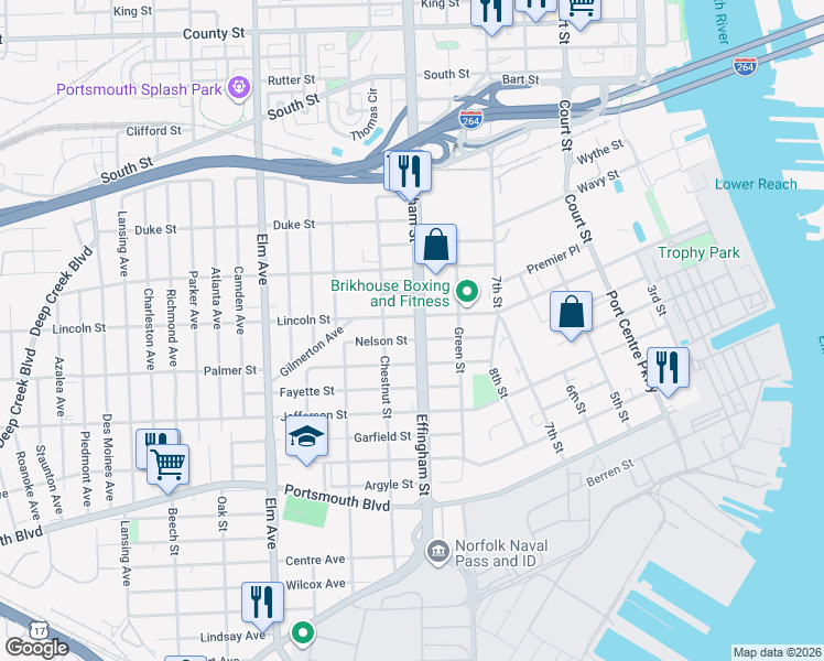 map of restaurants, bars, coffee shops, grocery stores, and more near 2006 Effingham Street in Portsmouth