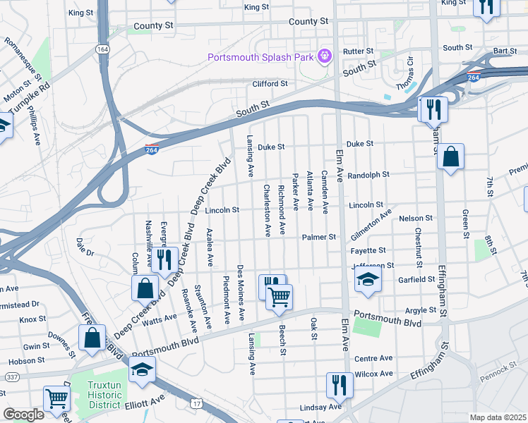 map of restaurants, bars, coffee shops, grocery stores, and more near 1900 Charleston Avenue in Portsmouth