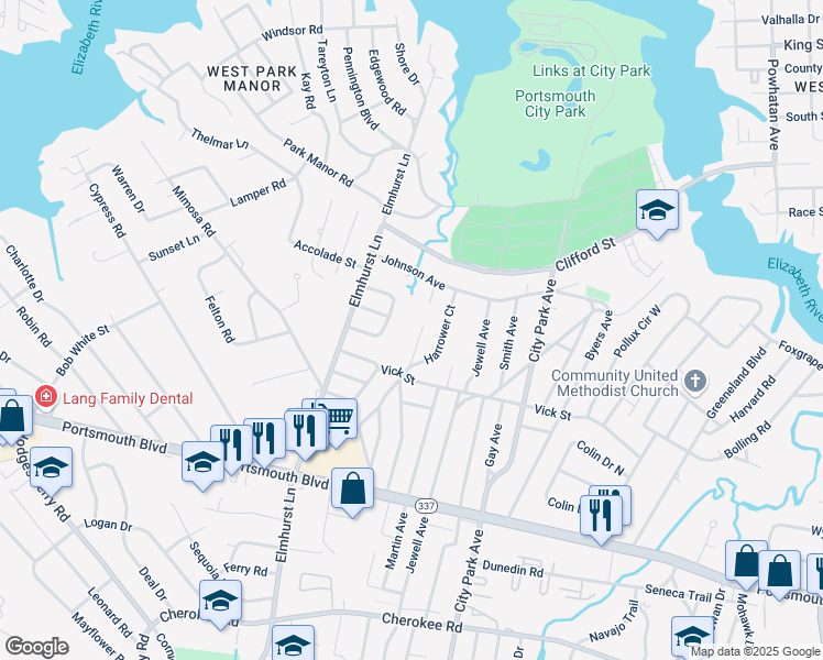 map of restaurants, bars, coffee shops, grocery stores, and more near 107 Maurice Avenue in Portsmouth