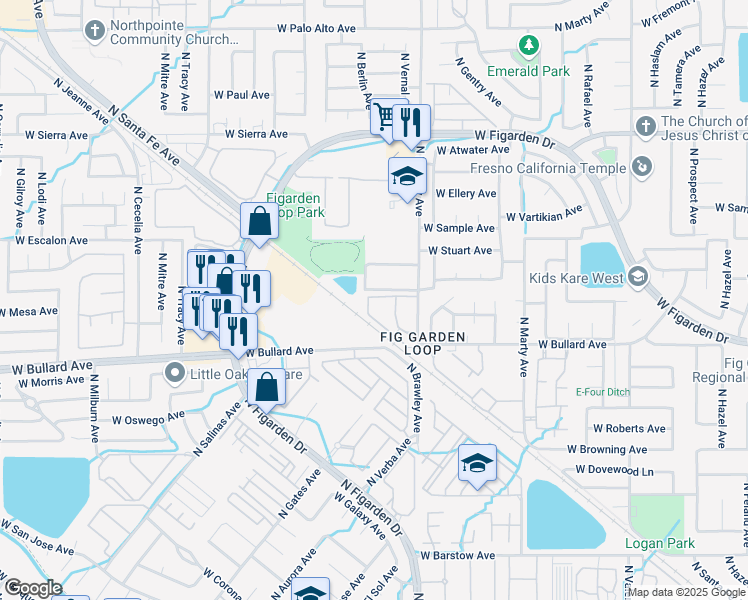 map of restaurants, bars, coffee shops, grocery stores, and more near 6055 North Brawley Avenue in Fresno