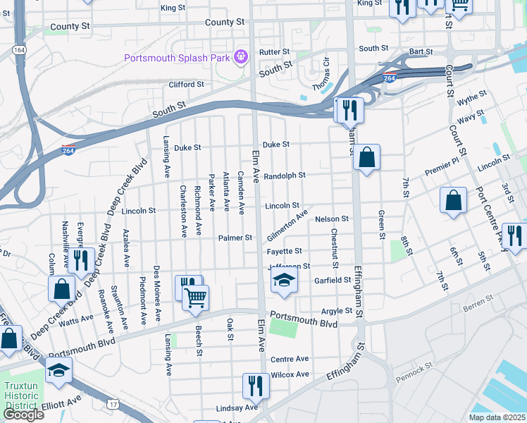 map of restaurants, bars, coffee shops, grocery stores, and more near 1905 Elm Avenue in Portsmouth