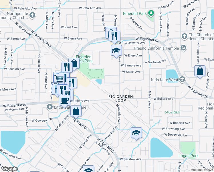 map of restaurants, bars, coffee shops, grocery stores, and more near 6055 North Brawley Avenue in Fresno