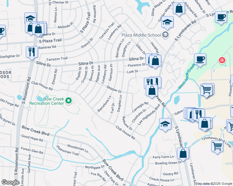 map of restaurants, bars, coffee shops, grocery stores, and more near 451 Barcelona Lane in Virginia Beach