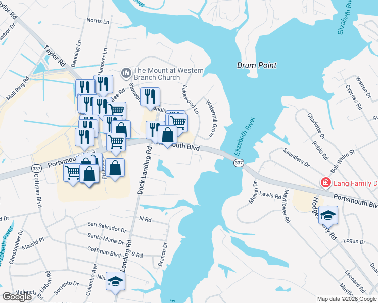 map of restaurants, bars, coffee shops, grocery stores, and more near 4036 Portsmouth Boulevard in Chesapeake