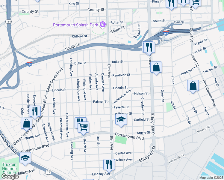 map of restaurants, bars, coffee shops, grocery stores, and more near 1905 Elm Avenue in Portsmouth
